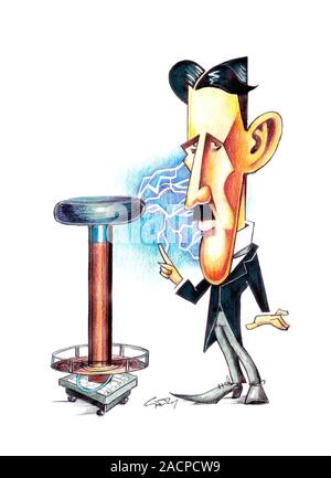 Nikola Tesla (1856-1943). Caricature of the Serb-US physicist and electrical engineer Nikola Tesla. Tesla was educated at Graz and Prague, but in 1884 Stock Photo