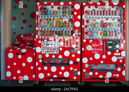 Matsumoto, Japan - April 2019: Themed Coco Cola vending machine at the Matsumoto City Museum of Art. The work is by local artist Yayoi Kusama Stock Photo