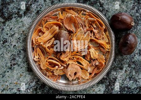 Nutmegs (Myristica fragrans) and mace, macis, in bowl, India Stock Photo