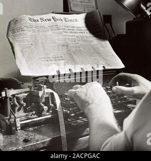 Wartime news transmission. Close-up of a newspaper and Morse code telegraphic keyboard being used in the radio room of the New York Times newspaper in Stock Photo
