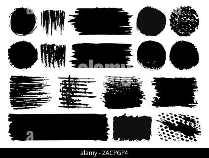 Vector set of hand drawn paint brush strokes and stains isolated on white backdrop. Stock Vector