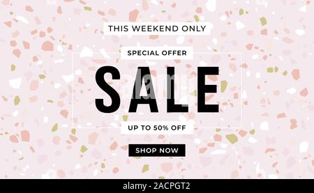 Pink sale banner template. Terrazzo flooring pastel color. Sale promotion banner. Stock Vector