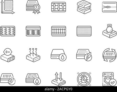 Set of Orthopedic Mattress Line Icons. Elastic Material, Anti Allergic, Zipper Stock Vector