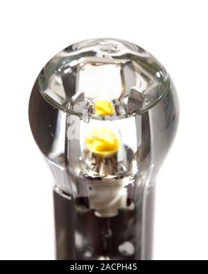 Liquid-cooled LED bulb. LED light bulbs are solid-state lamps that use light-emitting diodes (LEDs), as opposed to the tungsten filament of an incande Stock Photo