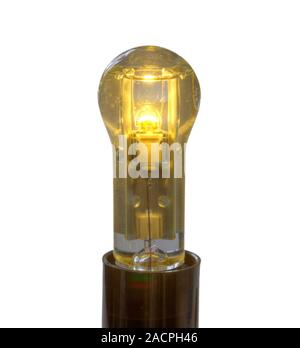 Liquid-cooled LED bulb. LED light bulbs are solid-state lamps that use light-emitting diodes (LEDs), as opposed to the tungsten filament of an incande Stock Photo