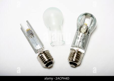 Liquid-cooled LED bulbs. LED light bulbs are solid-state lamps that use light-emitting diodes (LEDs), as opposed to the tungsten filament of an incand Stock Photo