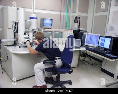 FE scanning electron microscopy. Researcher operating a field-emission scanning electron microscope (FE-SEM). This is a F JEOL 6320F FE-SEM, equipped Stock Photo