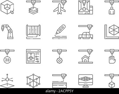Set of 3D Printing Line Icons. Industrial Printer, Plastic Thread Reels and more Stock Vector