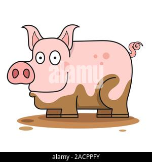 Pig In The Mud Vector Illustration On White Background Stock Vector