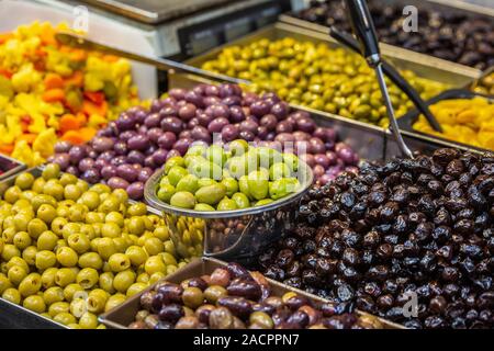 Various salted olives on the Mahane Yehuda Market in Jerusalem. Stock Photo