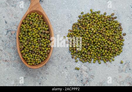 green beans in a wooden spoon, gray background, closeup, copy space. Vigna radiata Stock Photo