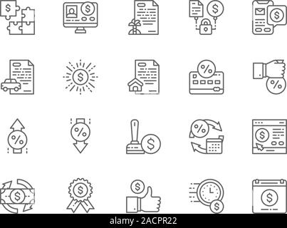 Set of Quick Loan Line Icons. Investment, Car Loan, Mortgage, Deposit and more. Stock Vector
