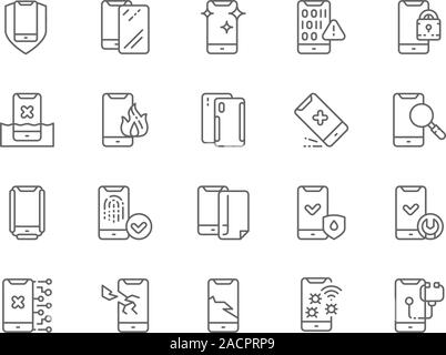 Set of Phone Repair Line Icons. Mobile Spam, Protective Glass, Software Virus Stock Vector