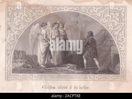 1800s Engraving 'Christian relieved of his burden'  'Three Shining ones came to him'  - John Bunyan Stock Photo