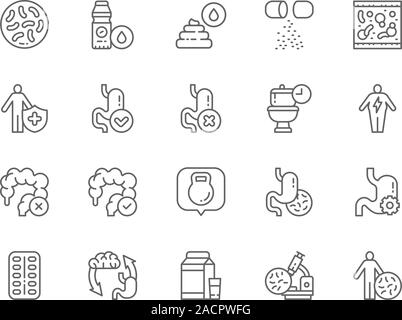 Set of Probiotic Line Icons. Lactobacilli, Bifidobacteria, Vitamins and more. Stock Vector