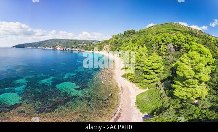 The beach Stafylos of Skopelos island from drone, Greece Stock Photo