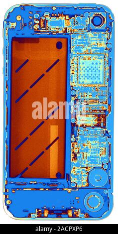 Coloured x-ray of an iPhone 4, showing the internal structure. The iPhone 4 mobile phone was introduced on 24 June 2010. It is a 'smart phone', having Stock Photo
