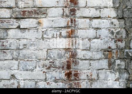 Texture of old white brick wall. Dirty facade of ancient building. Urban background. Stock Photo