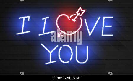 Neon inscription love. Neon sign love blue with red heart on a black background. Vector Stock Vector