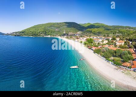 The beach Panormos of Skopelos island from drone, Greece Stock Photo