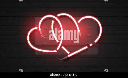 Red Heart Neon Sign On Brick Background. Vector Stock Vector