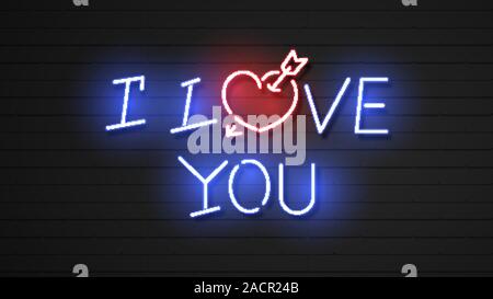 Neon inscription love. Neon sign love blue with red heart on a black background. Vector Stock Vector