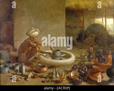 Potter in India. 18th-century artwork of a potter at work in Shantipur, India. The potter is throwing (spinning and shaping) a pot on a potter's wheel Stock Photo