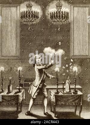 Conjuring performance. 18th-century artwork of a conjurer performing a magic trick. The description of the trick is: 'The professor of amusing philoso Stock Photo