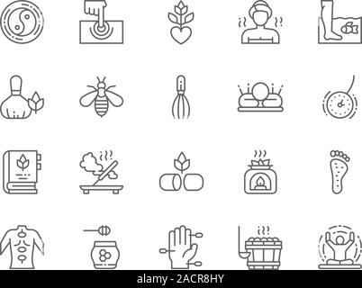 Set of Alternative Medicine Line Icons. Bathhouse, Meditation, Yoga and more. Stock Vector