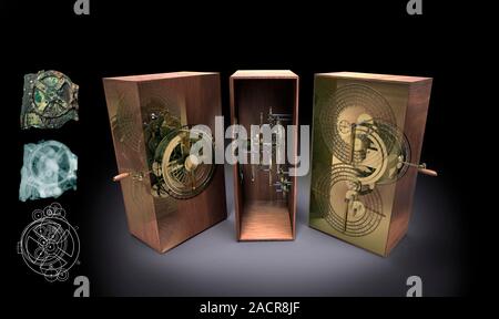 Antikythera mechanism, artwork. Side view (centre) and rear and front views (either side) of the antikythera mechanism, an early form of mechanical ca Stock Photo