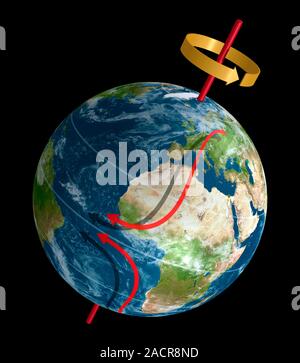 Coriolis effect. Computer artwork of a globe, showing how the Coriolis effect affects the motion (red arrows) of free-moving objects in the northern a Stock Photo
