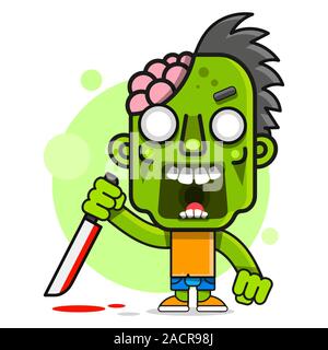 Cartoon Illustration With Green Zombie On White Background. Colorful Silhouette. Spooky Halloween Silhouette. Horror Halloween Background. Vector Stock Vector