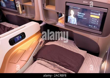 Business class seat at the Business Class cabin of an Airbus' A350-900 aircraft of Singapore Airlines