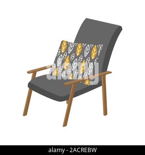 Isolated scandinavian style armchair and pillow with pattern. Cute vector hand-drawn illustration Stock Vector