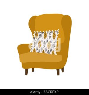 Isolated scandinavian style large soft armchair and pillow with pattern. Cute vector hand-drawn illustration Stock Vector