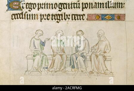 Two couples seated with dog, (Miniature only) Bas-de-page scene showing two women, one holding a lap dog, and two men, seated as couples upon a bench, Stock Photo