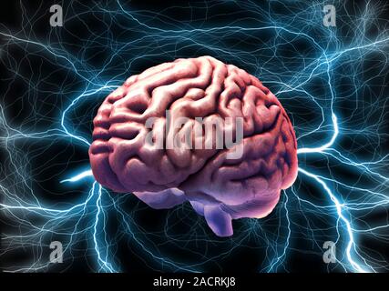 Brain activity, conceptual composite 3D magnetic resonance imaging (MRI) scan and computer artwork. Stock Photo
