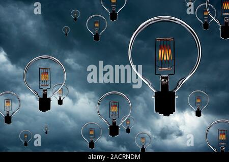 Light bulbs in stormy sky, composite image. Stock Photo