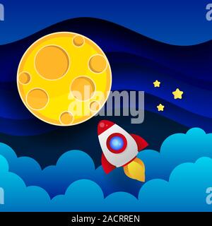 The Rocket Flies To The Moon Through The Atmosphere Illustration Of The Night Sky Stock Vector