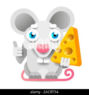 Funny And Cute Mouse Standing And Holding Cheese-vector. White Mouse. Stock Vector