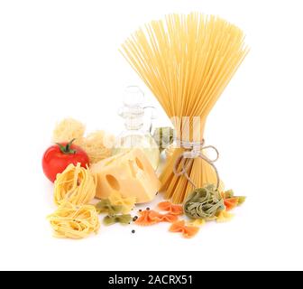 Different pasta, oil, tomato, cheese Stock Photo
