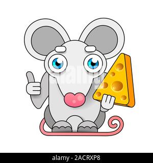 Funny And Cute Mouse Standing And Holding Cheese-vector. White Mouse. Stock Vector