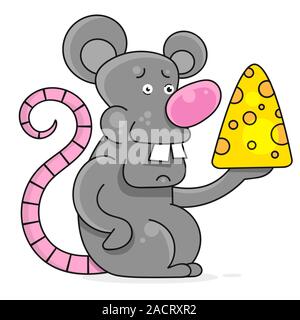 Funny And Cute Mouse Standing And Holding Cheese-vector. White Mouse. Stock Vector