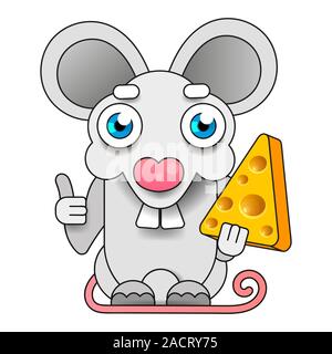 Funny And Cute Mouse Standing And Holding Cheese-vector. White Mouse. Stock Vector