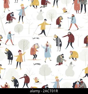 Seamless vector pattern with people enjoying in the winter snowing forest on white background Stock Vector