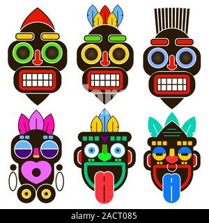Set Of Tribal African Masks. Isolated On White. Hand Drawn Vector Illustration. Stock Vector