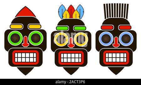 Set Of Tribal African Masks. Isolated On White. Hand Drawn Vector Illustration. Stock Vector