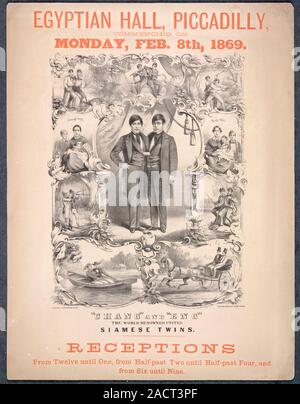 Chang and Eng the world renowned united Siamese twins. An advertisement for an exhibition at Egyptian Hall, Piccadilly, on Monday, February 8th, 1869. Stock Photo