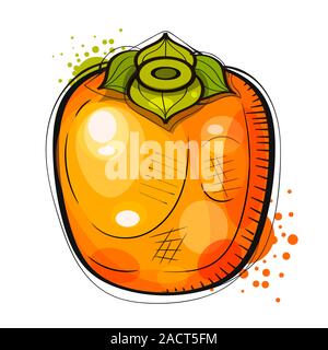 Hand Drawn Watercolor Painting On White Background. Illustration Of Fruit Persimmon . Suitable For Greeting Card, Poster Or T-shirt Printing. Stock Vector