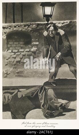 Hyde commiting murder, 'Fled from the scene of these excesses, at once glorying and trembling'.Hyde standing over the body of a victim. Image taken fr Stock Photo